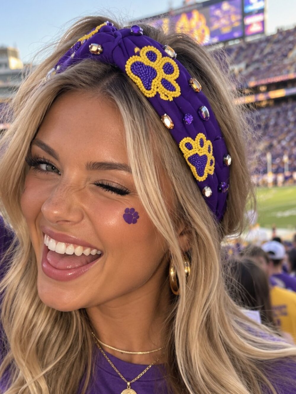 Purple & Gold Beaded Paw Print Game Day Jeweled Headband